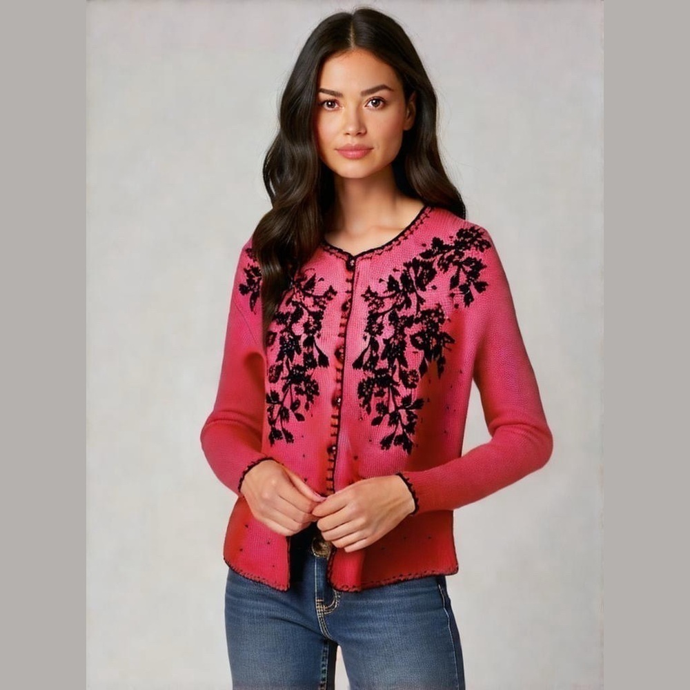 Heirloom Collectibles Red Black Embroidered Cardigan Sweater Petite Small